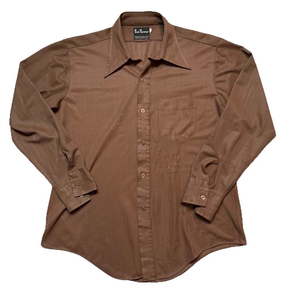 Vintage Bud Berma Brown Button Up Shirt Men's 16-16.5‎ L Made in Korea 70s READ